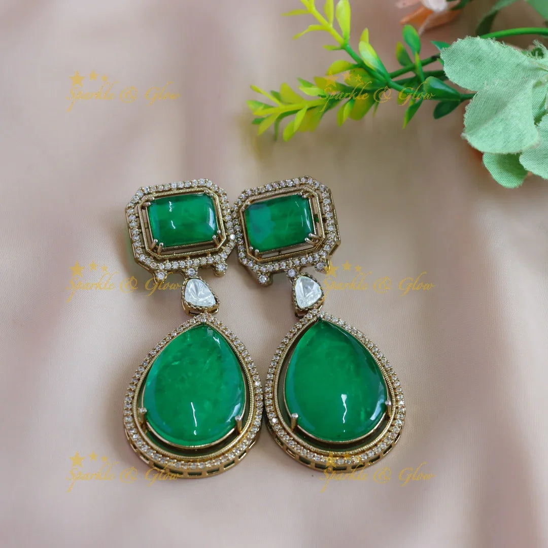 Gorgeous Rectangle and water drop stone three layer victorian AD haram with emeral - Sparkle and Glow