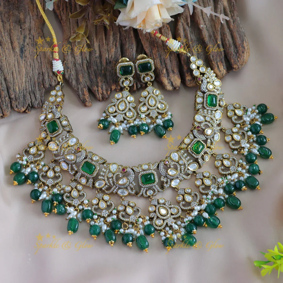 Stunning Peacock floral design victorian AD short necklace with emerald and green beads - Sparkle and Glow