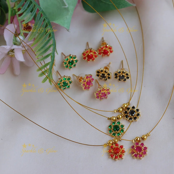 Elegant Stone Floral Pendant Invisible Necklace Set with Stud Earrings - Sparkle and Glow