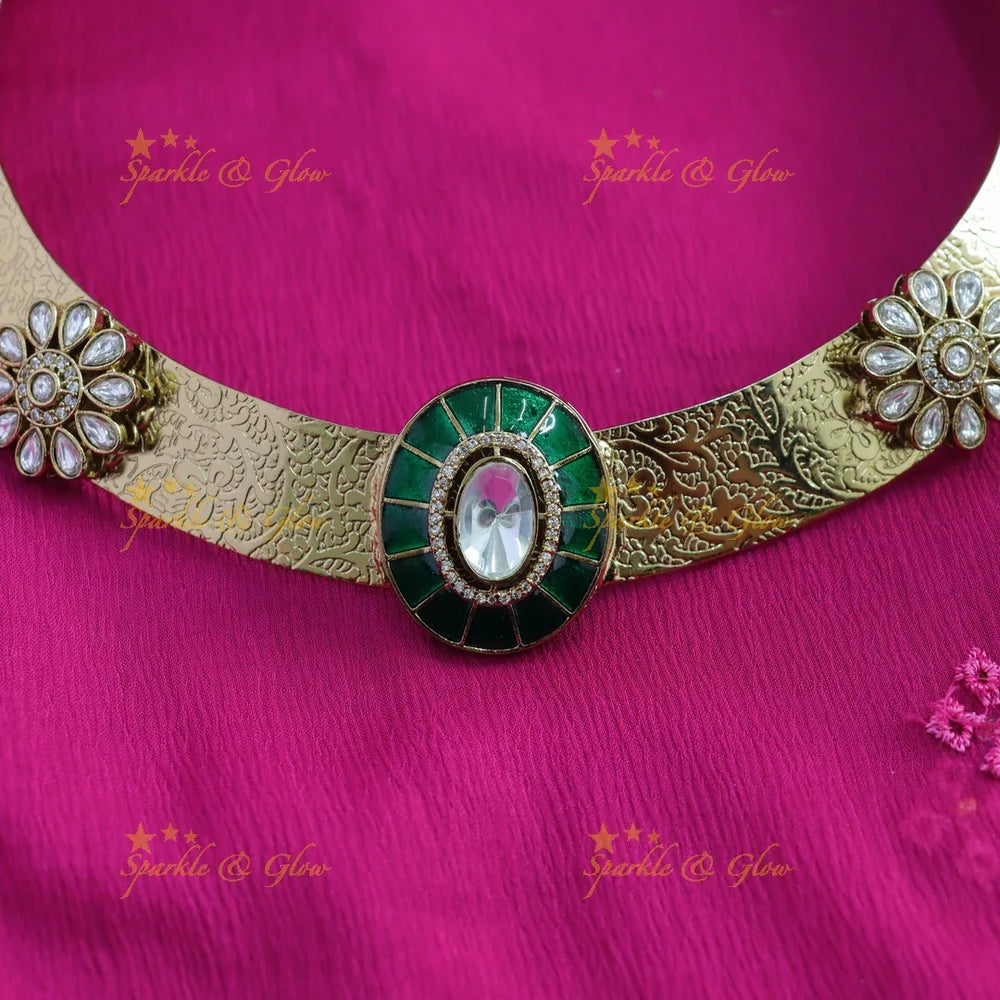 Beautiful Floral and oval stone victorian AD hasli choker - Sparkle and Glow