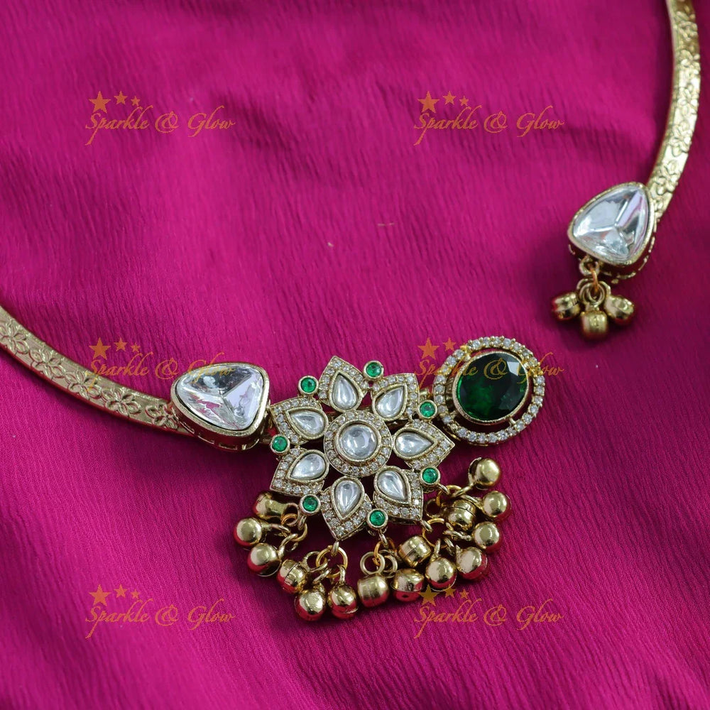 Exclusive Floral triangle and oval stone victorian AD hasli choker with emerald and gold beads - Sparkle and Glow