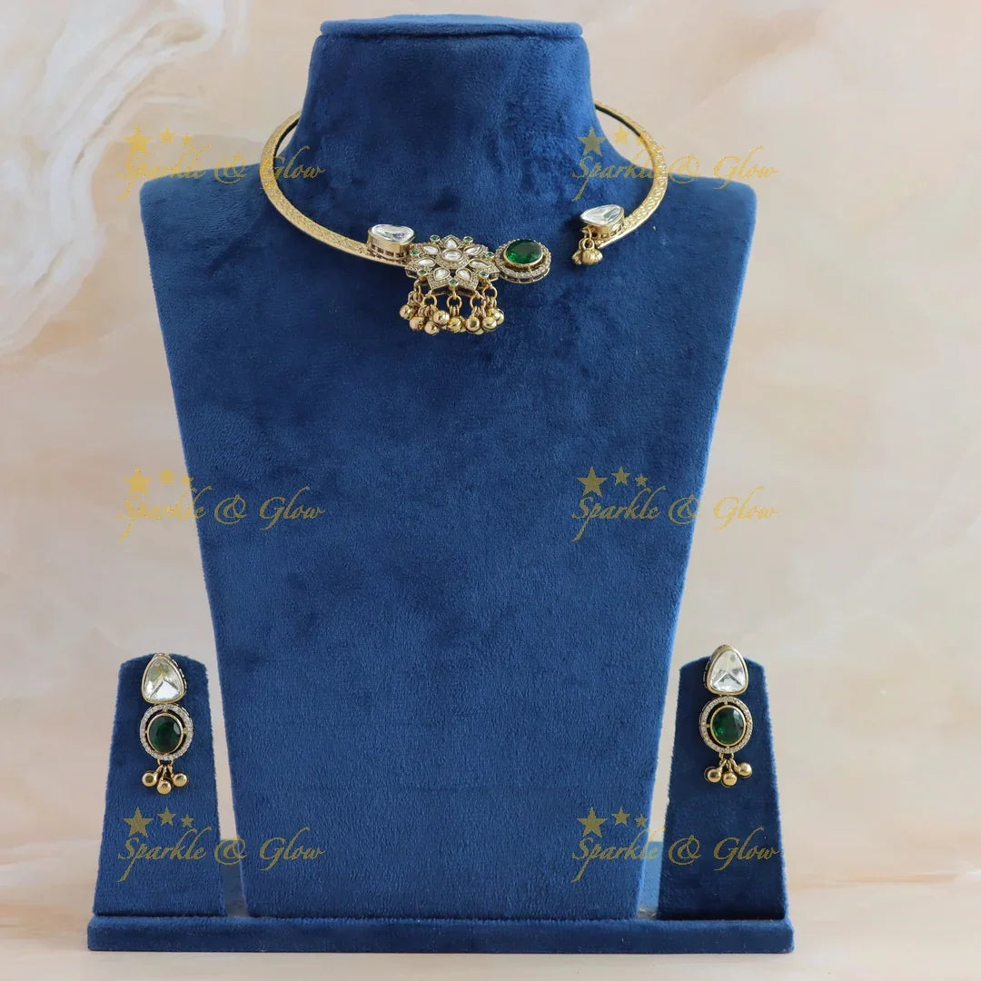 Exclusive Floral triangle and oval stone victorian AD hasli choker with emerald and gold beads - Sparkle and Glow