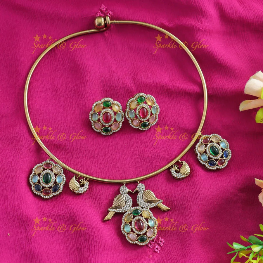 Beautiful Floral and bird design victorian AD hasli choker with navaratna stones - Sparkle and Glow