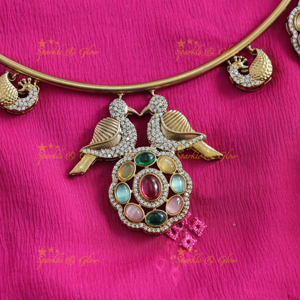 Beautiful Floral and bird design victorian AD hasli choker with navaratna stones - Sparkle and Glow