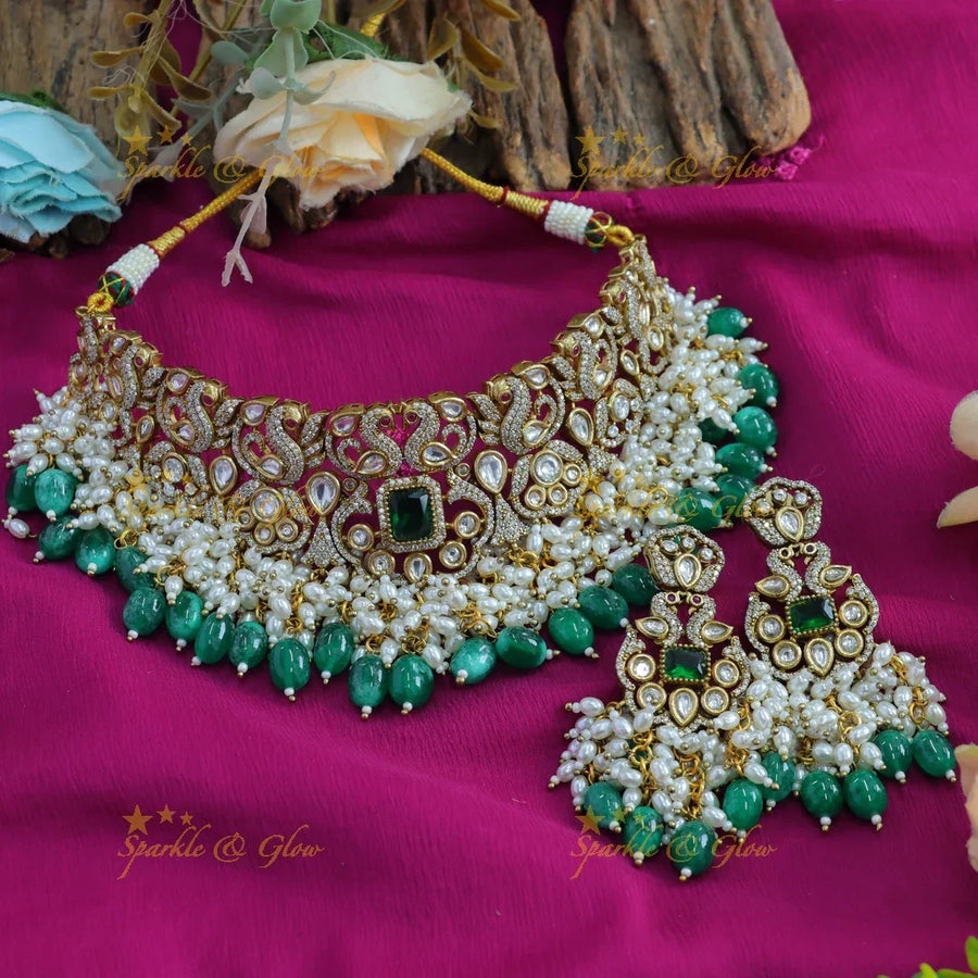 Gorgeous Peacock design victorian AD choker with emerald pearls and green beads - Sparkle and Glow