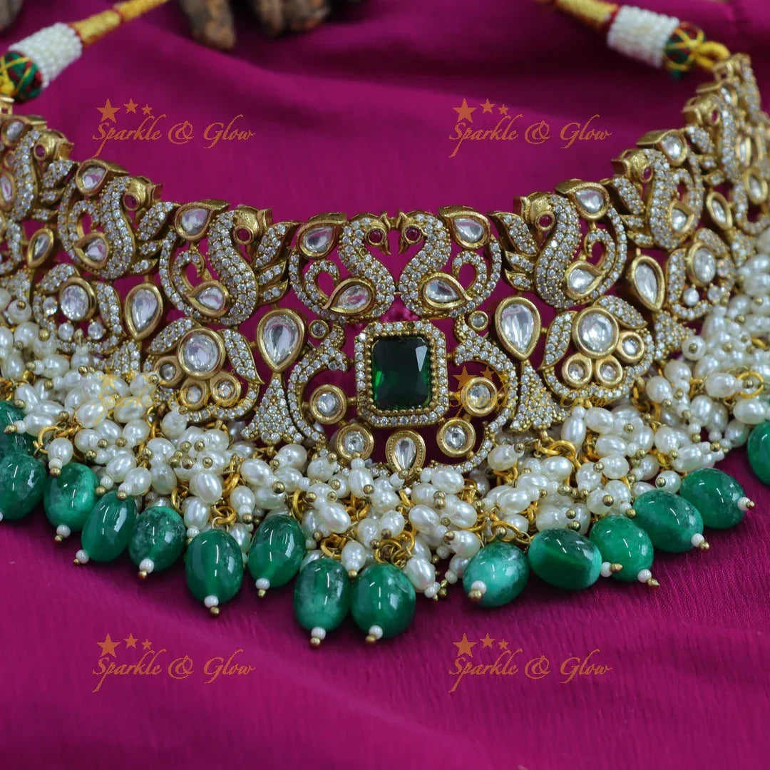 Gorgeous Peacock design victorian AD choker with emerald pearls and green beads - Sparkle and Glow