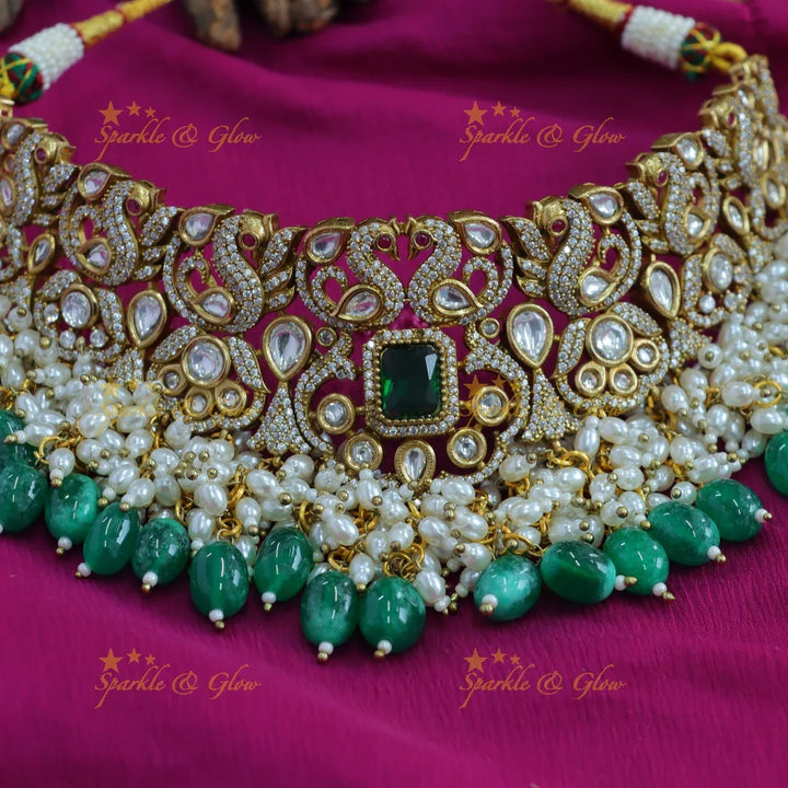 Gorgeous Peacock design victorian AD choker with emerald pearls and green beads - Sparkle and Glow