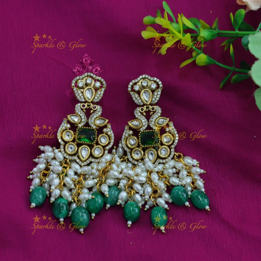 Gorgeous Peacock design victorian AD choker with emerald pearls and green beads - Sparkle and Glow