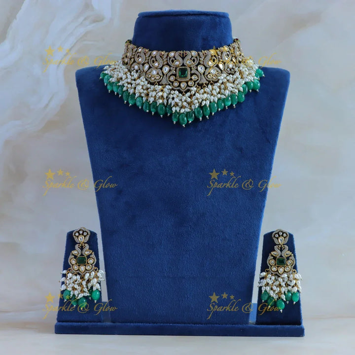 Gorgeous Peacock design victorian AD choker with emerald pearls and green beads - Sparkle and Glow
