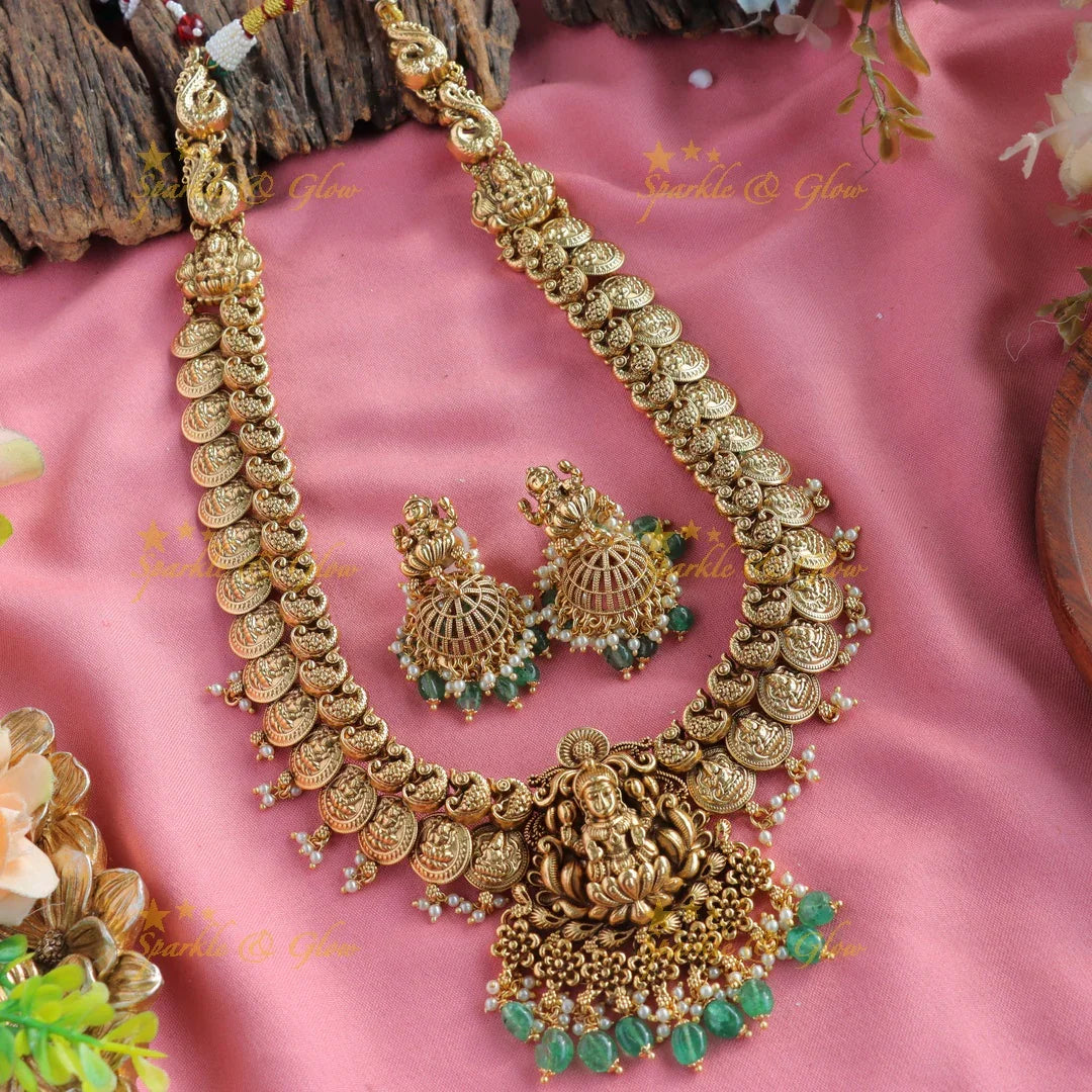Beautiful Peacock Lakshmi coin long necklace with pearls and mint green beads - Sparkle and Glow