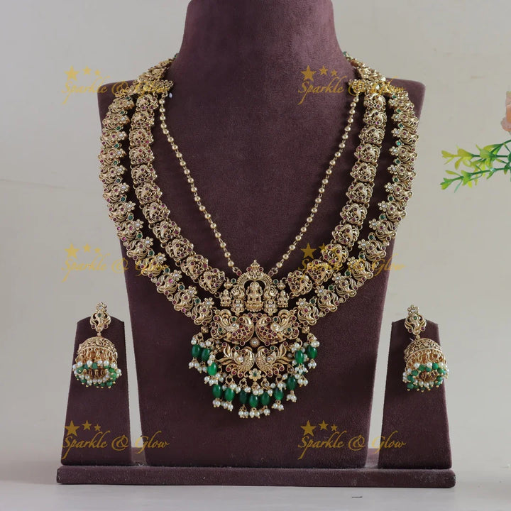Exclusive Lakshmi peacock carved layer long necklace with ruby emerald gold and green beads - Sparkle and Glow