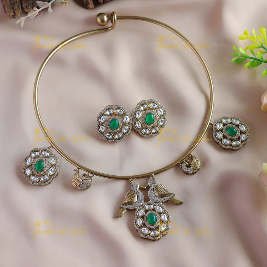 Sparkling Floral Bird pendant carved Victorian AD Hasli Choker - Sparkle and Glow