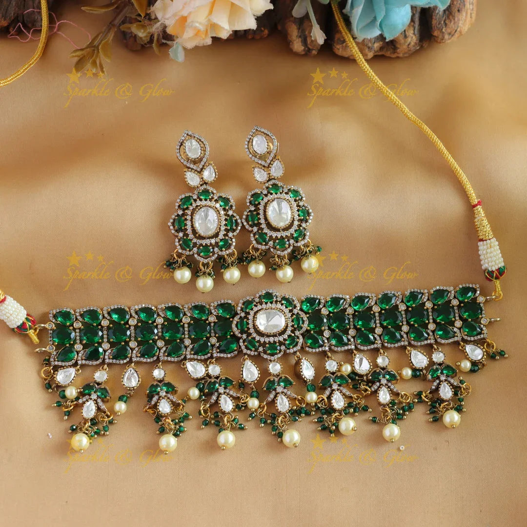 Elegant Floral design victorian AD choker with stones pearls and beads - baby pink - Sparkle and Glow