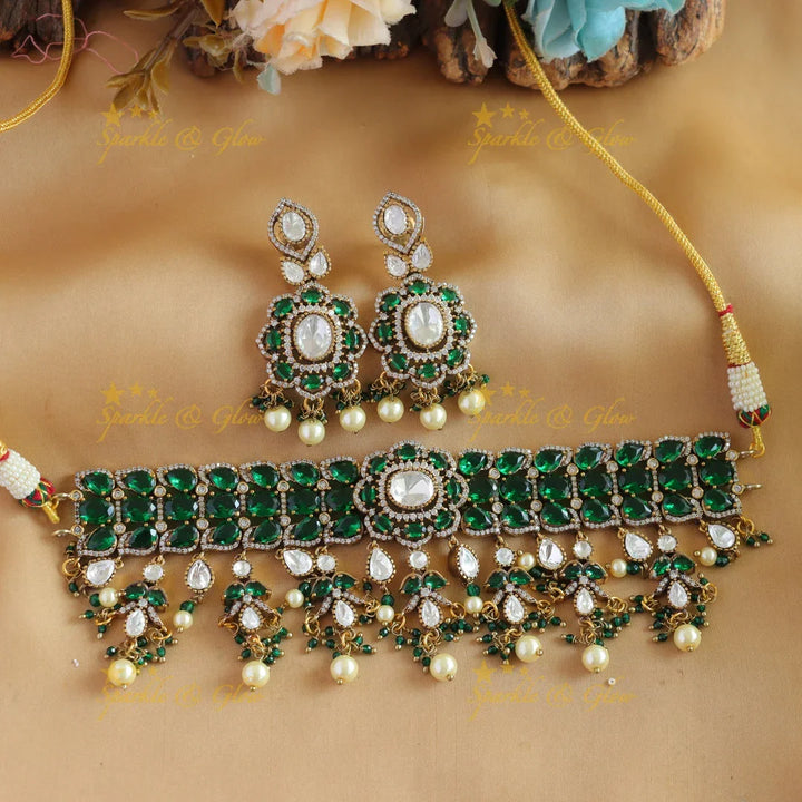 Elegant Floral design victorian AD choker with stones pearls and beads - baby pink - Sparkle and Glow