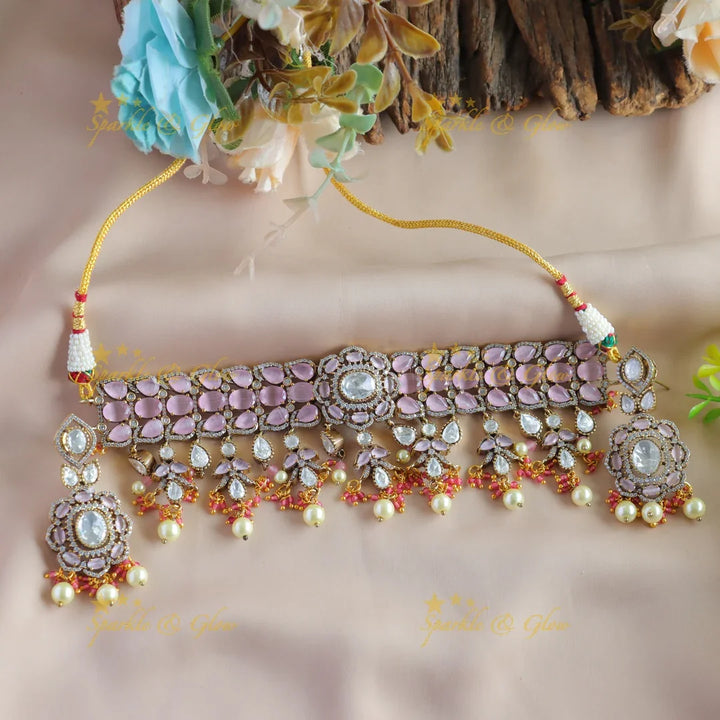 Elegant Floral design victorian AD choker with stones pearls and beads - baby pink - Sparkle and Glow