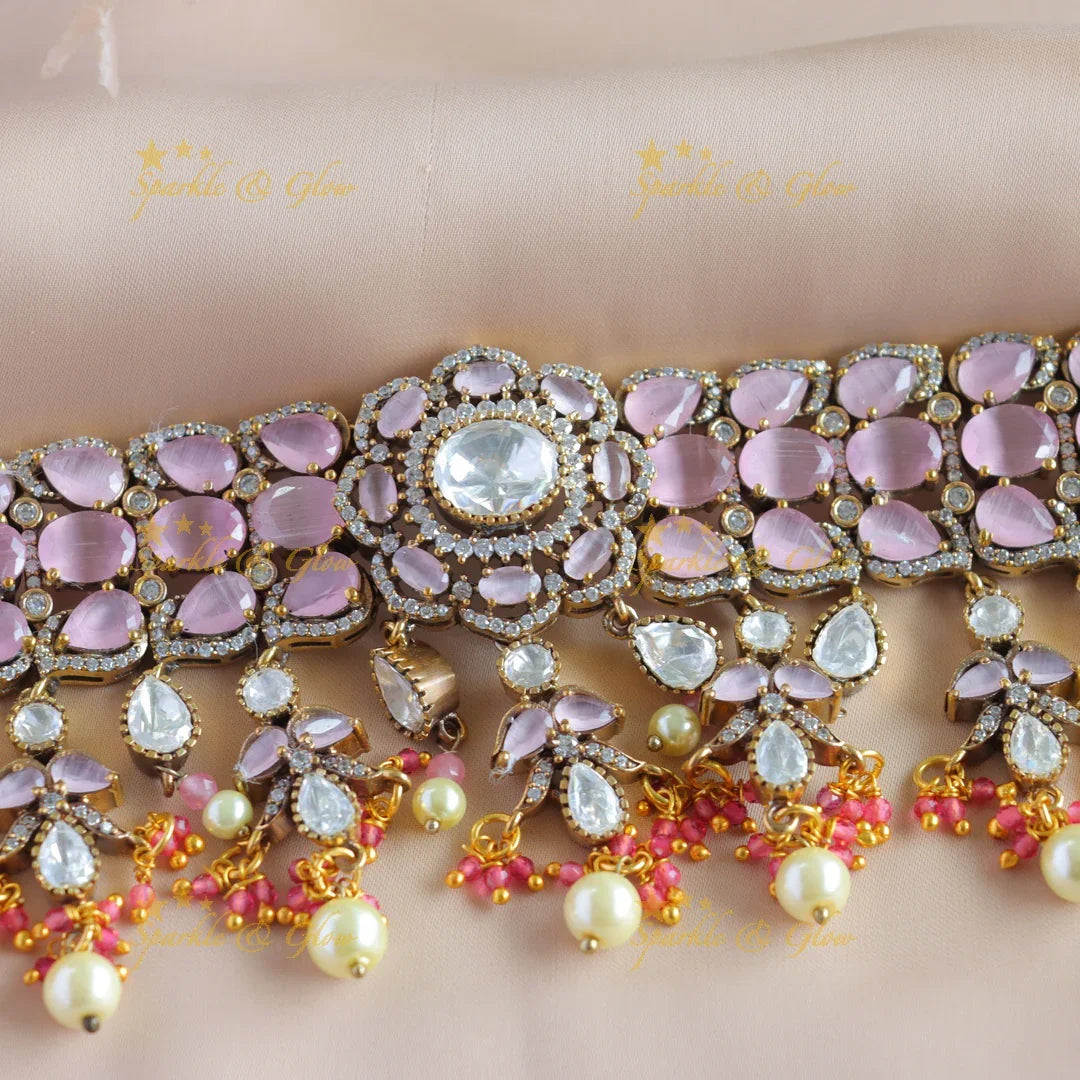 Elegant Floral design victorian AD choker with stones pearls and beads - baby pink - Sparkle and Glow
