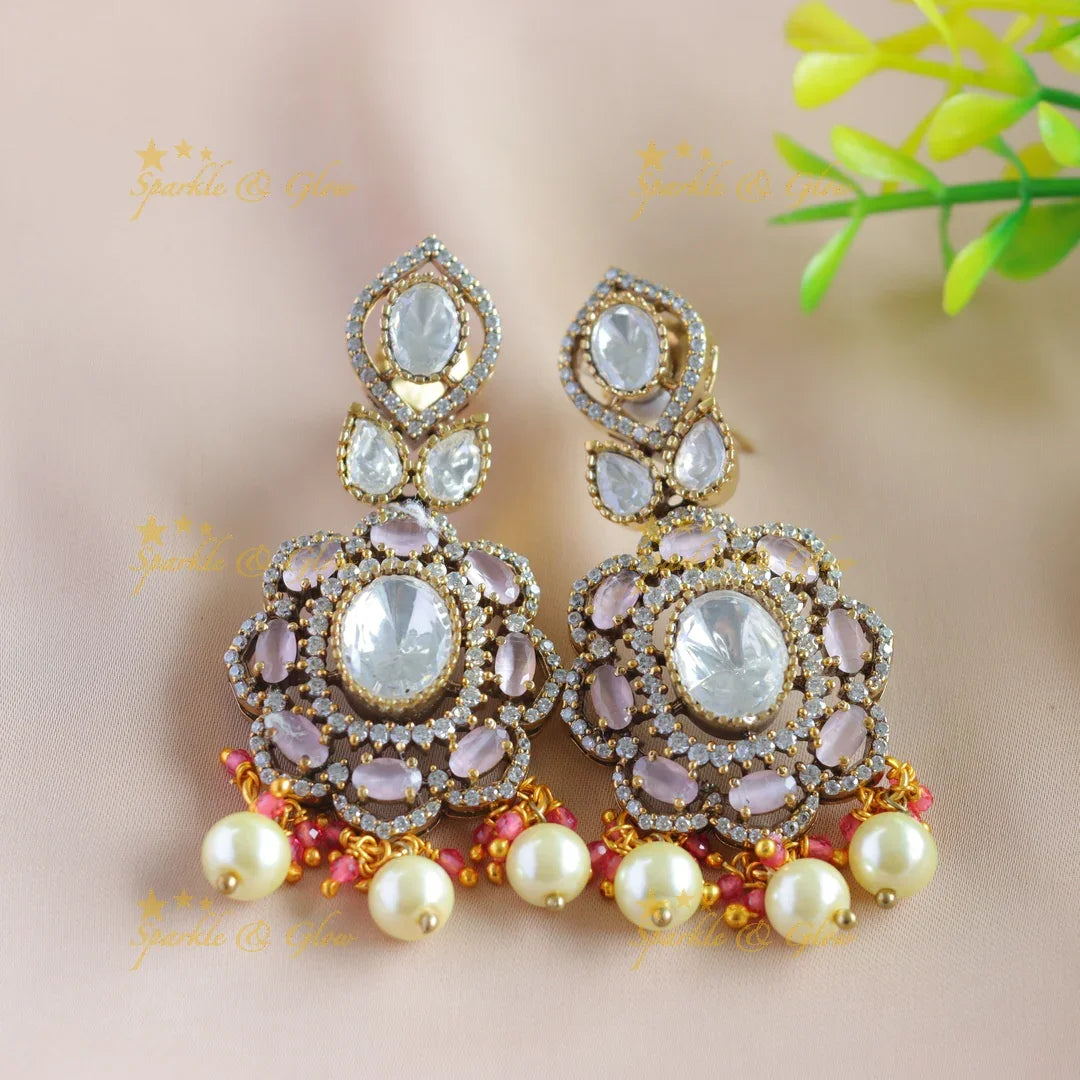 Elegant Floral design victorian AD choker with stones pearls and beads - baby pink - Sparkle and Glow