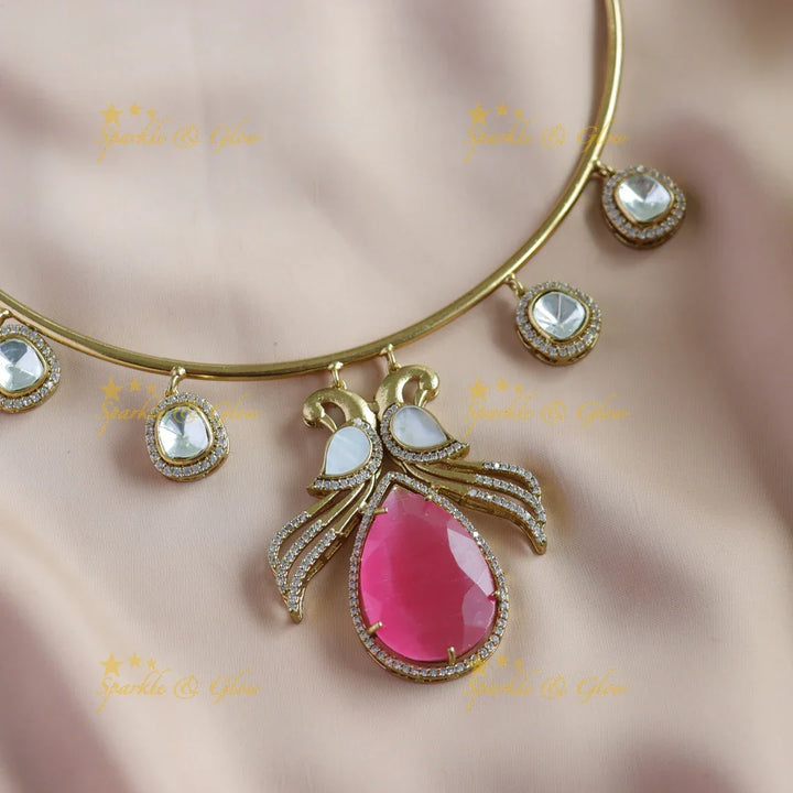 Statement Peacock design stone victorian AD hasli choker with sea blue stone - Sparkle and Glow