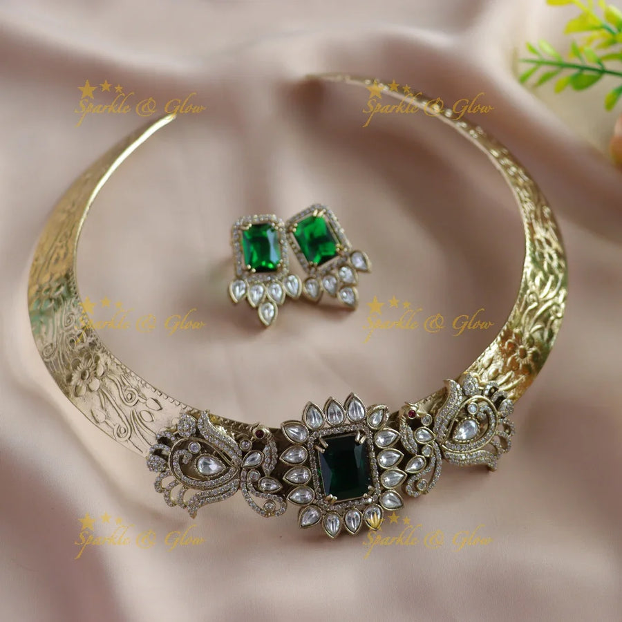 Beautiful Floral Peacock design victorian AD hasli choker with emerald - Sparkle and Glow