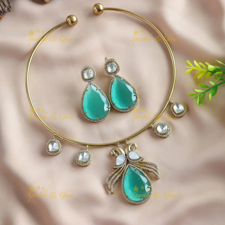 Statement Peacock design stone victorian AD hasli choker with sea blue stone - Sparkle and Glow