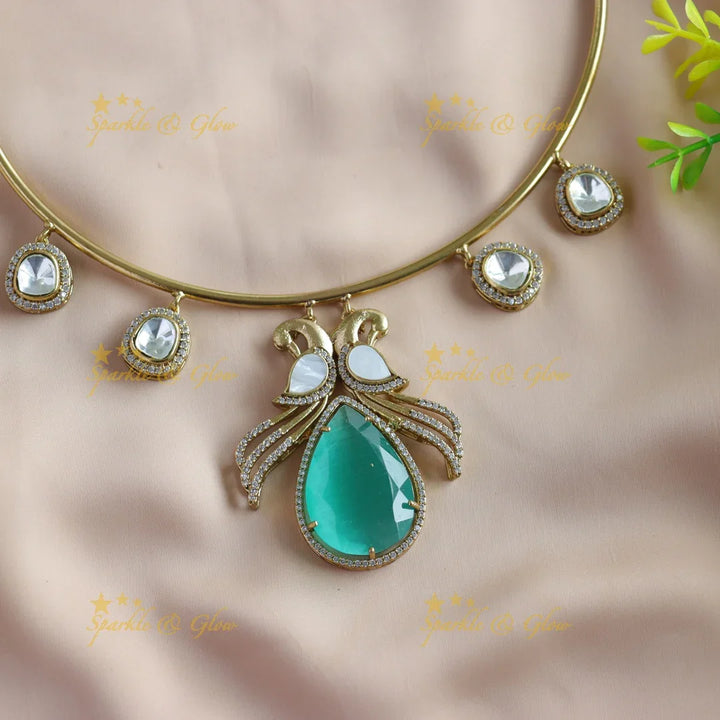 Statement Peacock design stone victorian AD hasli choker with sea blue stone - Sparkle and Glow