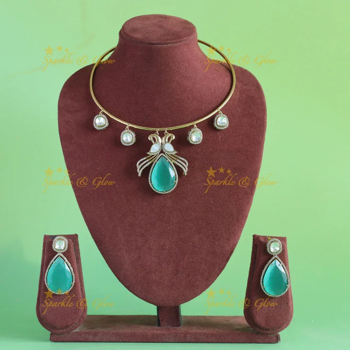 Statement Peacock design stone victorian AD hasli choker with sea blue stone - Sparkle and Glow