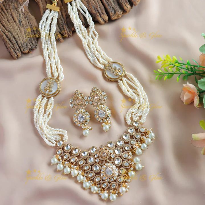 Gorgeous Floral design kundan stone pendant victorian AD haram with multi layer pearl chain - Sparkle and Glow