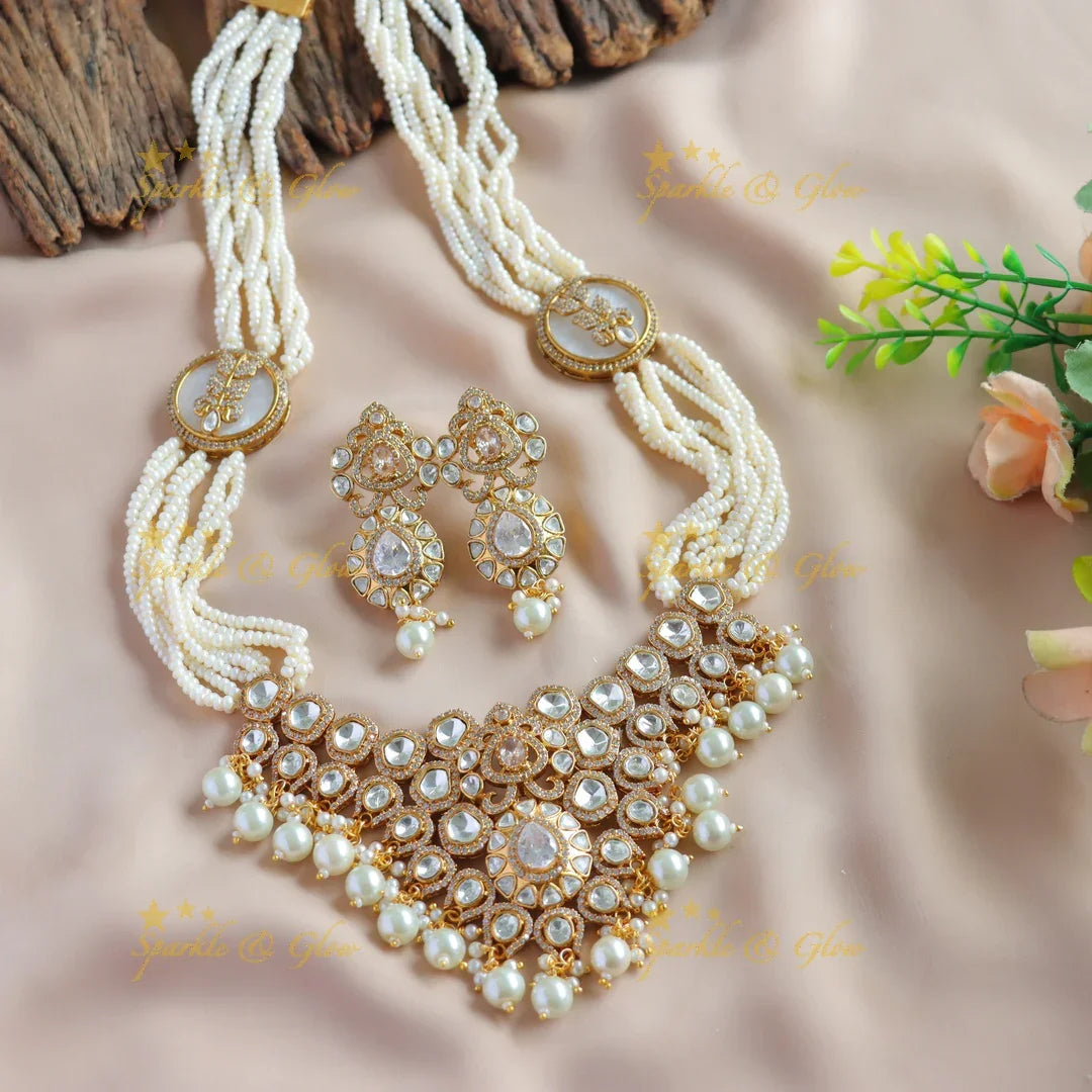 Gorgeous Floral design kundan stone pendant victorian AD haram with multi layer pearl chain - Sparkle and Glow