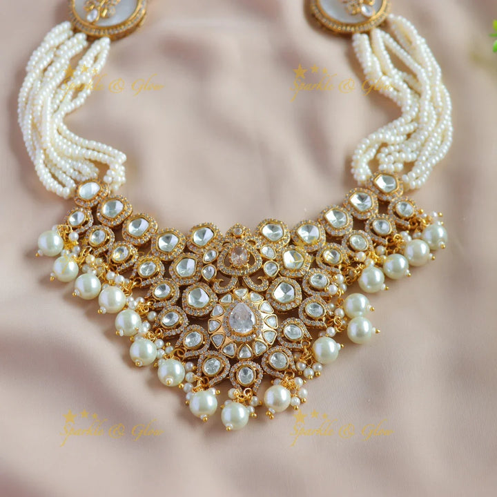 Gorgeous Floral design kundan stone pendant victorian AD haram with multi layer pearl chain - Sparkle and Glow