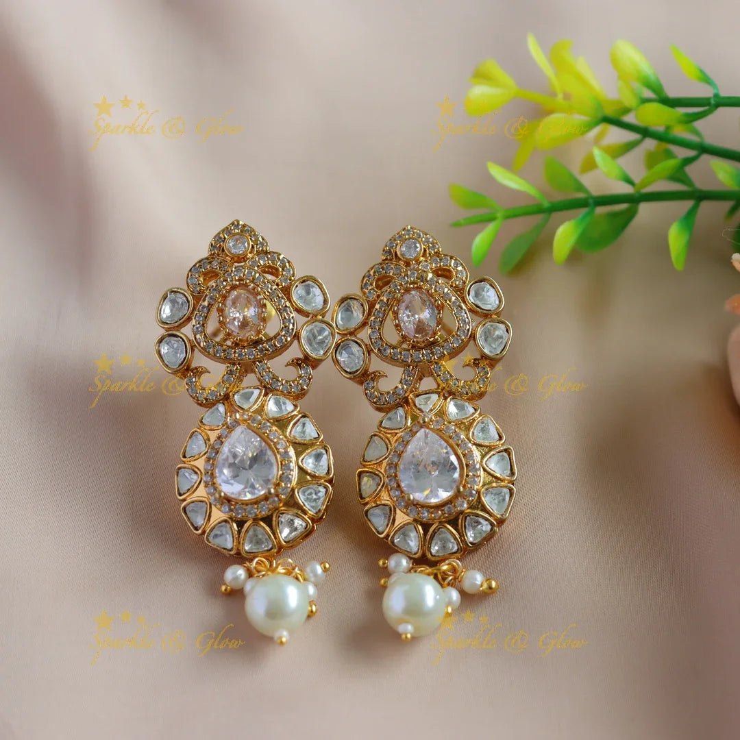 Gorgeous Floral design kundan stone pendant victorian AD haram with multi layer pearl chain - Sparkle and Glow