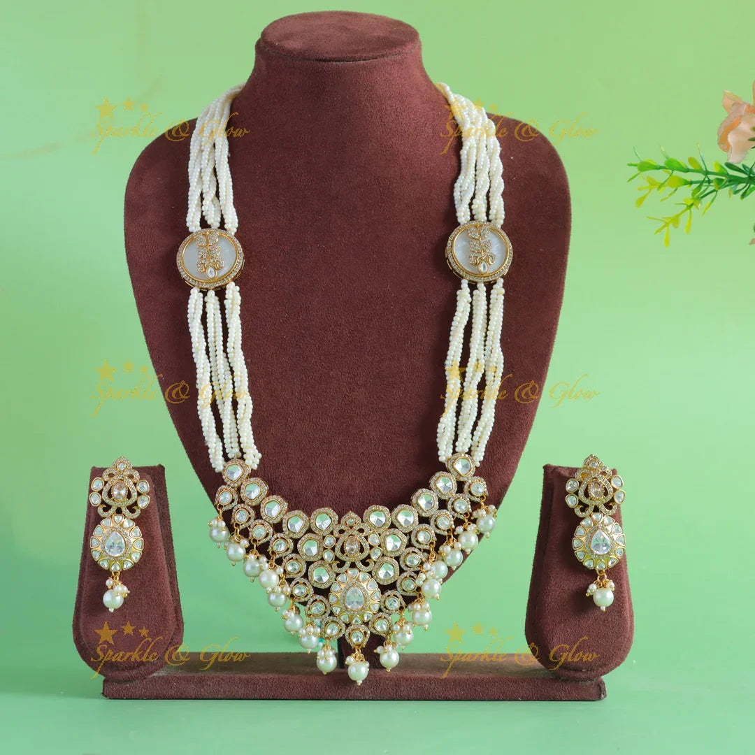Gorgeous Floral design kundan stone pendant victorian AD haram with multi layer pearl chain - Sparkle and Glow