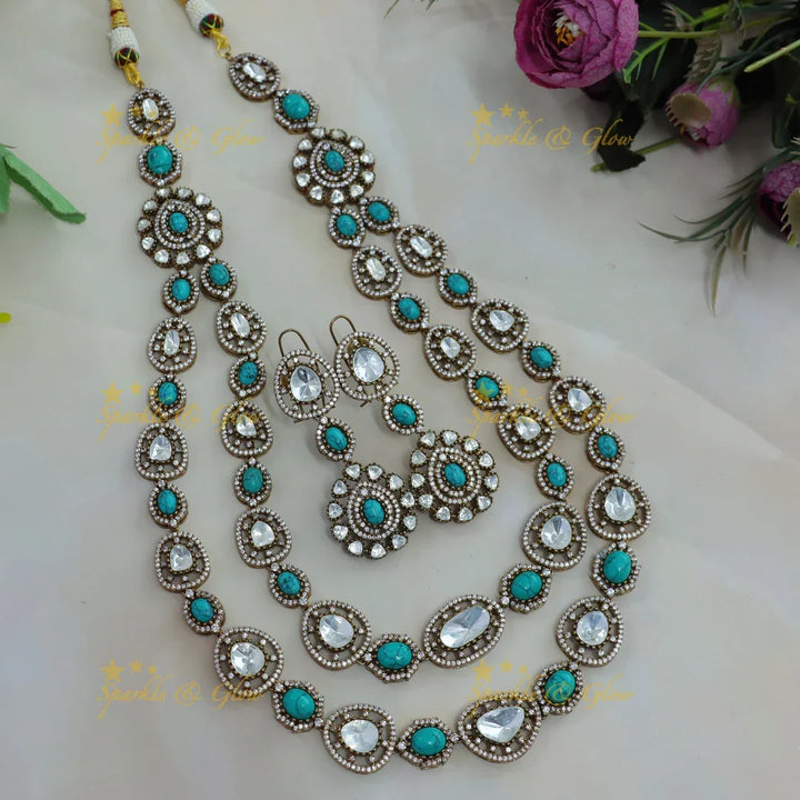 Beautiful Floral and oval stone two layer victorian AD haram with turquoise colour stones - Sparkle and Glow