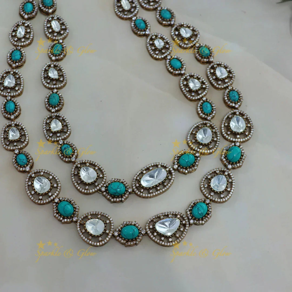 Beautiful Floral and oval stone two layer victorian AD haram with turquoise colour stones - Sparkle and Glow