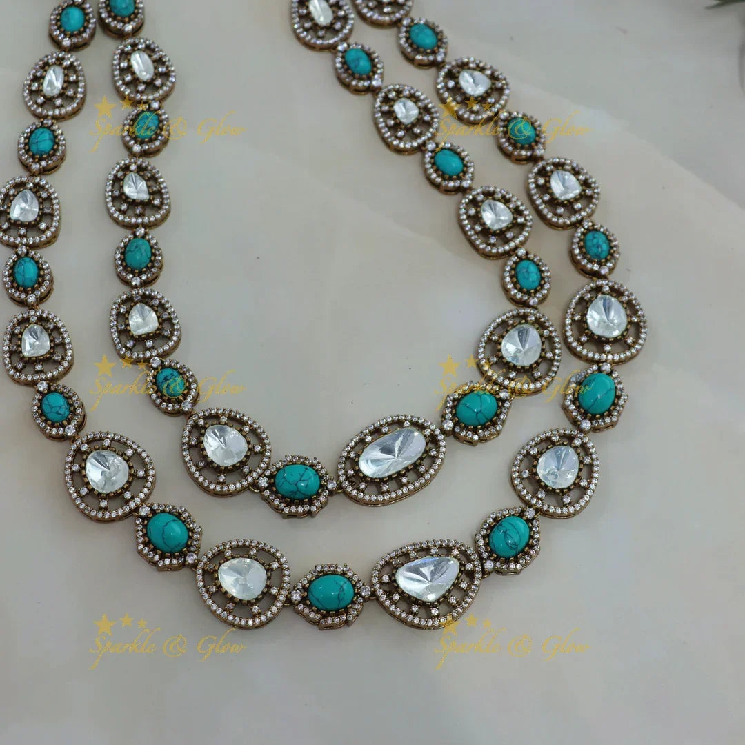 Beautiful Floral and oval stone two layer victorian AD haram with turquoise colour stones - Sparkle and Glow