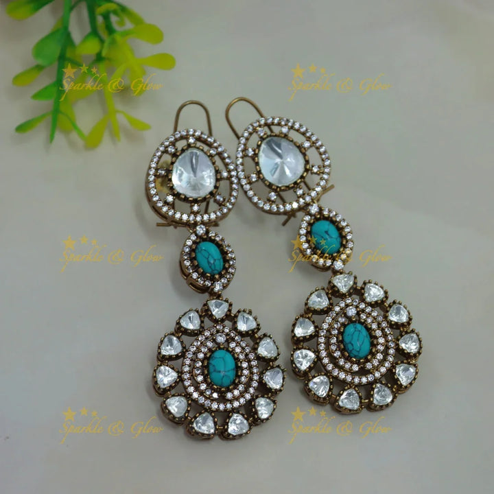 Beautiful Floral and oval stone two layer victorian AD haram with turquoise colour stones - Sparkle and Glow