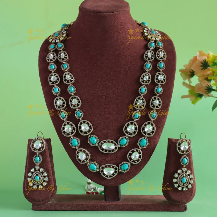 Beautiful Floral and oval stone two layer victorian AD haram with turquoise colour stones - Sparkle and Glow