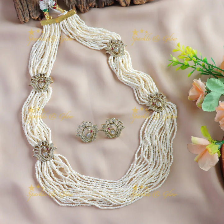 Stunning Peacock design victorian AD haram with multi layer pearl chain - Sparkle and Glow