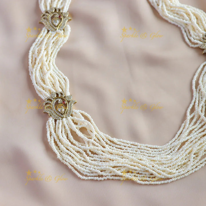 Stunning Peacock design victorian AD haram with multi layer pearl chain - Sparkle and Glow