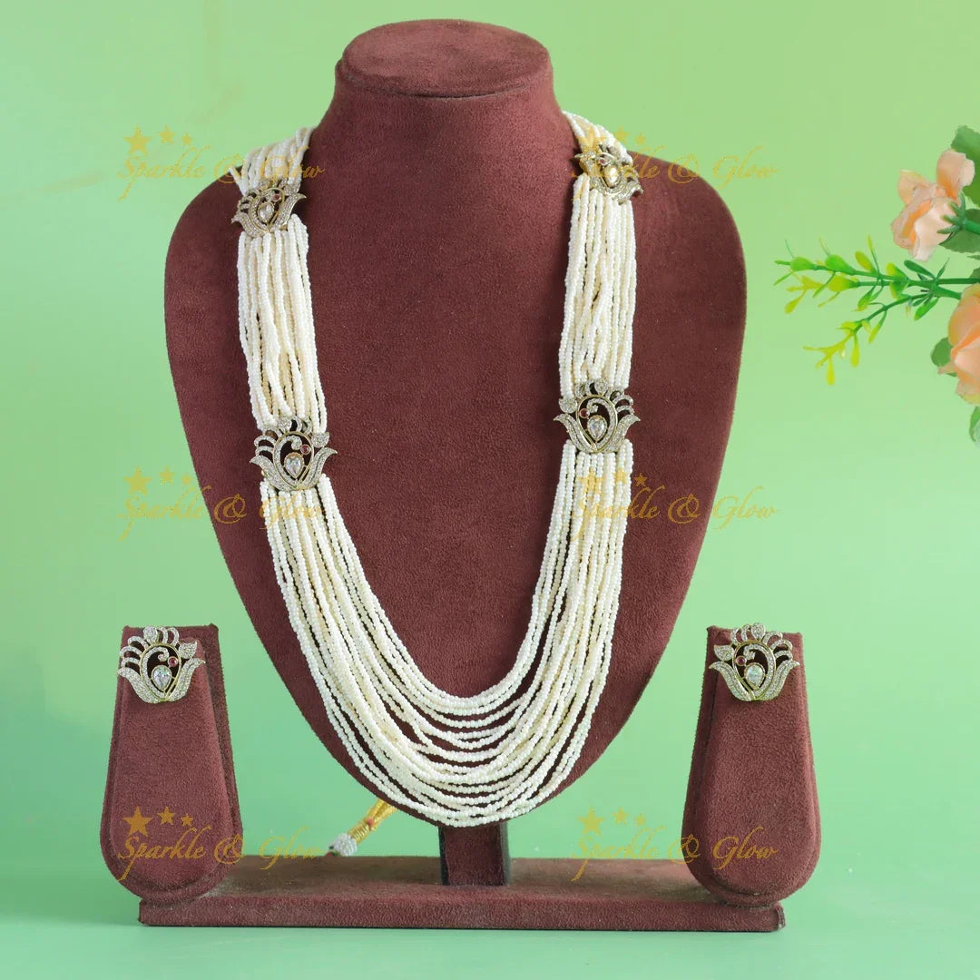 Stunning Peacock design victorian AD haram with multi layer pearl chain - Sparkle and Glow