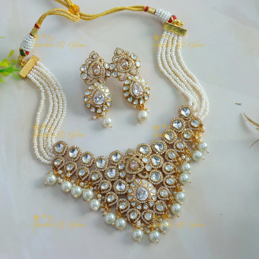 Beautiful Floral design kundan stone pendant victorian AD choker with multi layer pearl chain - Sparkle and Glow