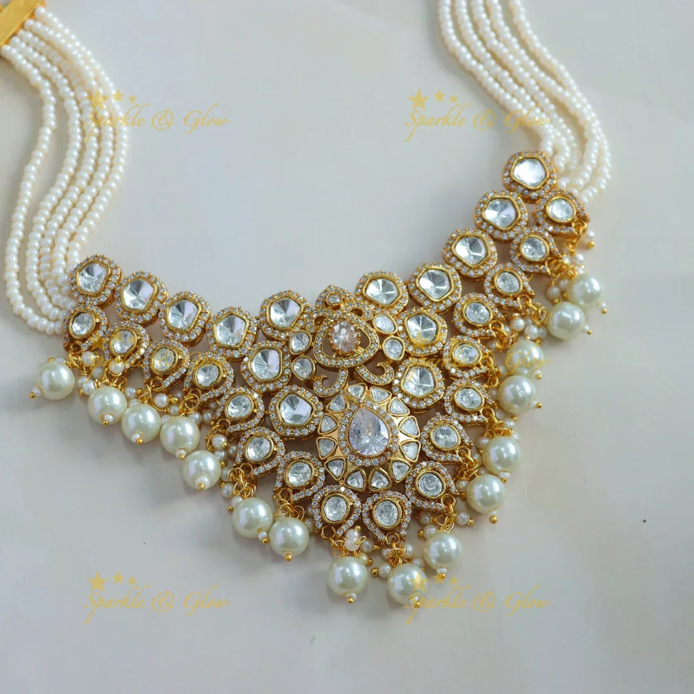 Beautiful Floral design kundan stone pendant victorian AD choker with multi layer pearl chain - Sparkle and Glow