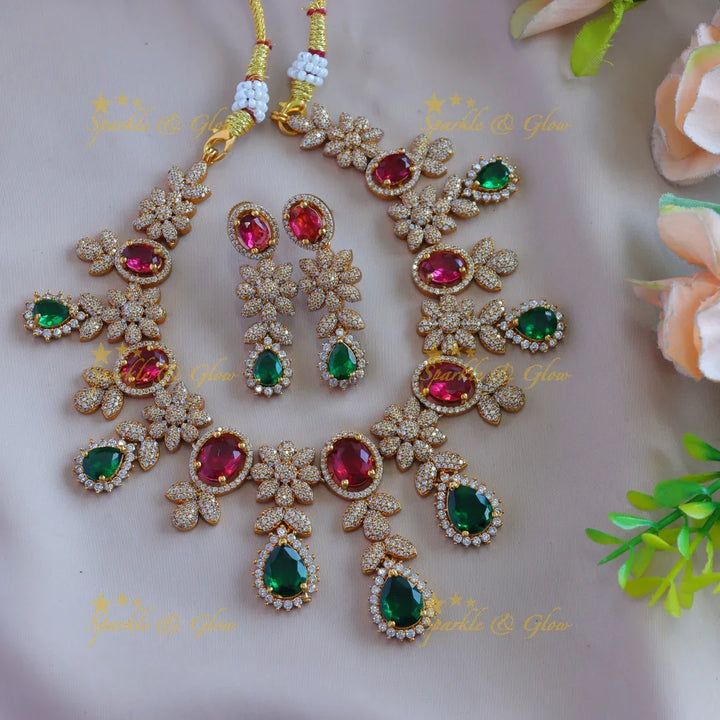 Statement Floral leaflet design AD short necklace with ruby and emerald - Sparkle and Glow
