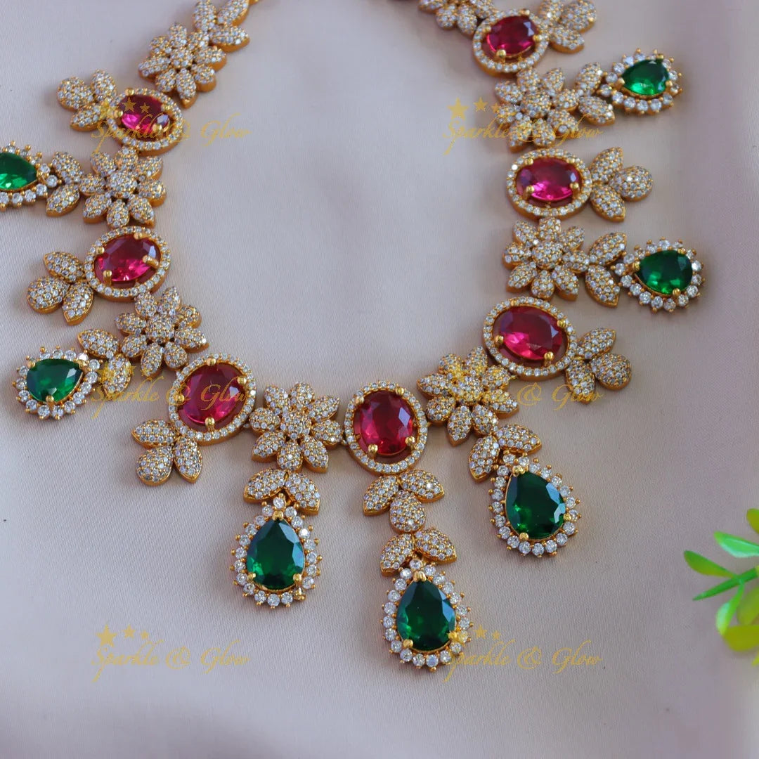 Statement Floral leaflet design AD short necklace with ruby and emerald - Sparkle and Glow