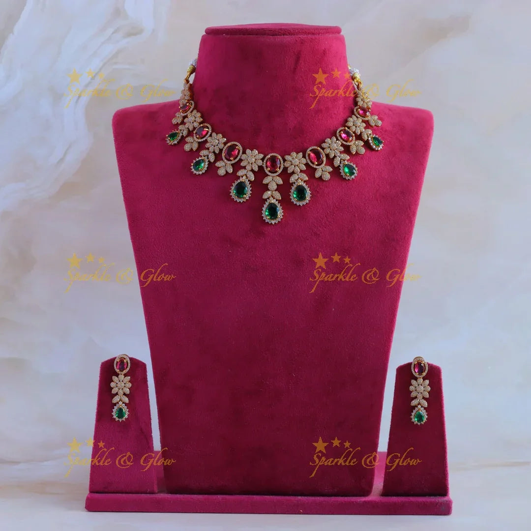 Statement Floral leaflet design AD short necklace with ruby and emerald - Sparkle and Glow