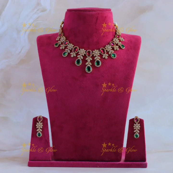 Statement Floral leaflet design AD short necklace with ruby and emerald - Sparkle and Glow
