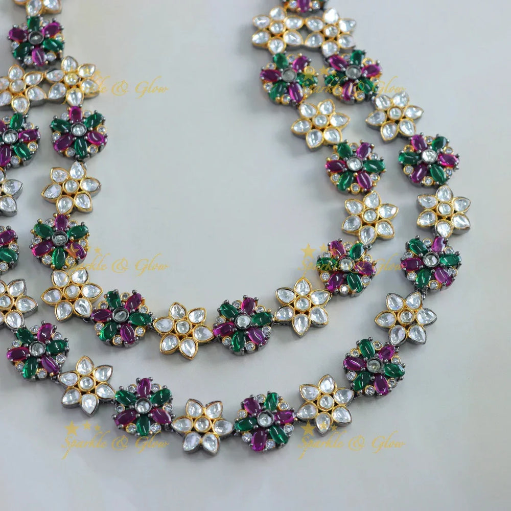 Stunning Floral design two layer victorian AD short necklace with multi colour stones - Sparkle and Glow