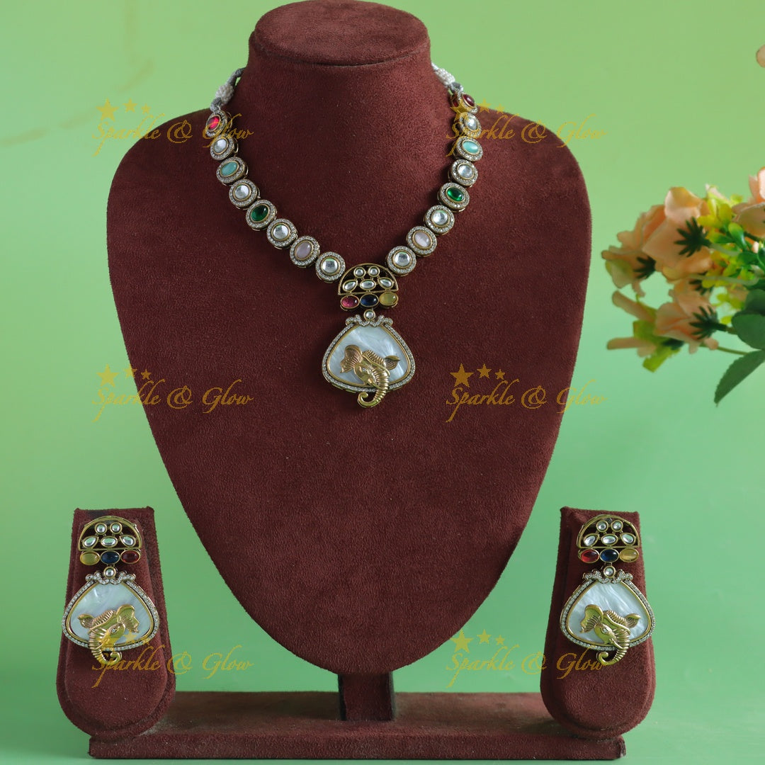 Exclusive Elephant carved pendant oval stone victorian AD short necklace with navaratna stones