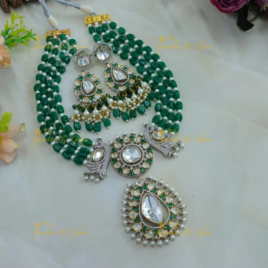 Statement Floral peacock design victorian AD short necklace with pearls and multi layer green beads - Sparkle and Glow