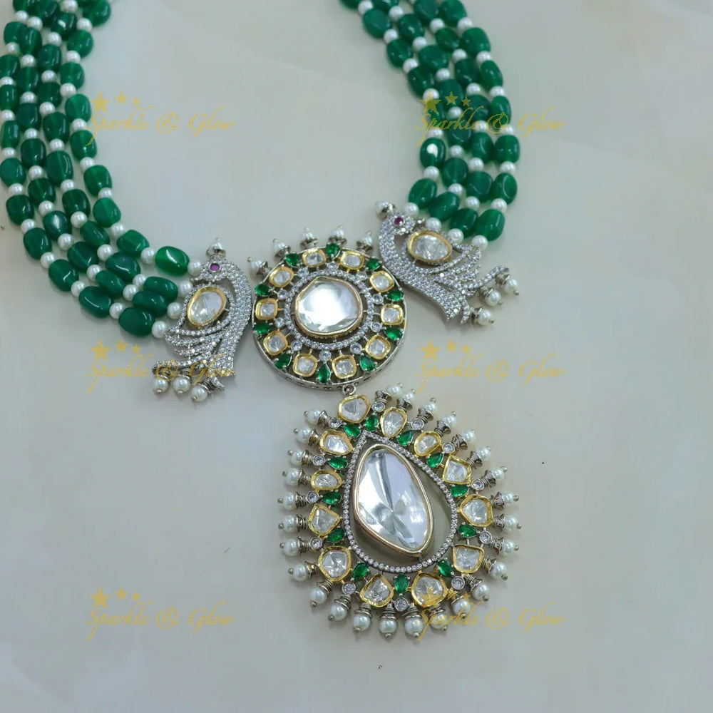 Statement Floral peacock design victorian AD short necklace with pearls and multi layer green beads - Sparkle and Glow