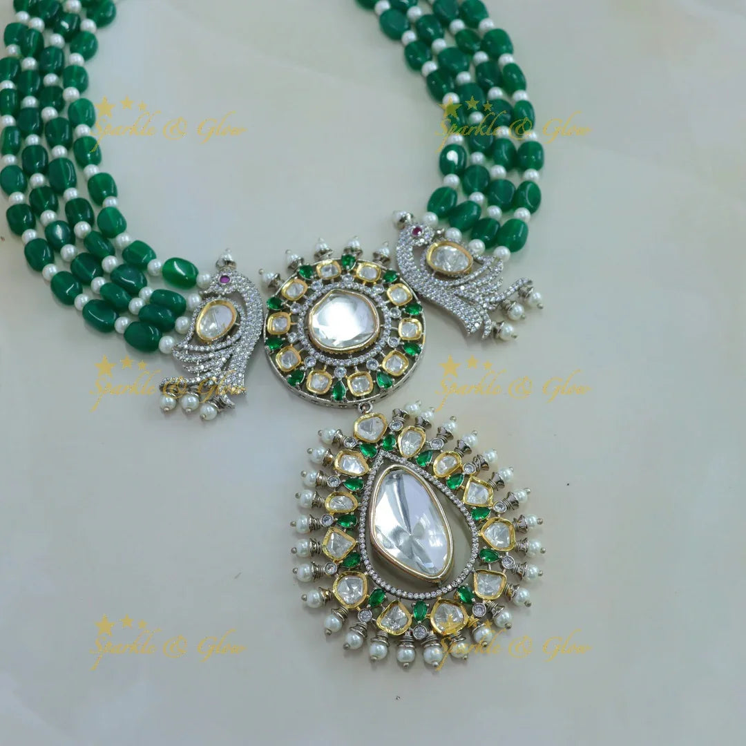 Statement Floral peacock design victorian AD short necklace with pearls and multi layer green beads - Sparkle and Glow